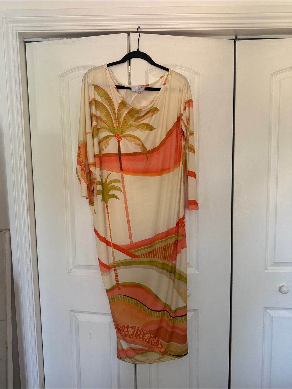 Never Fully Dressed Cream Maxi Dress with Coral & Olive Palm Print